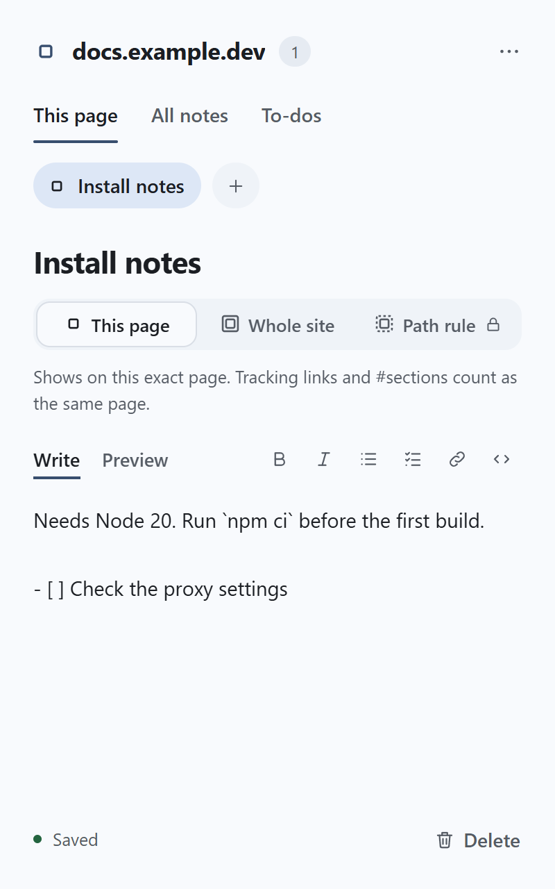 Annotiv open on docs.example.dev, showing a note titled Install notes