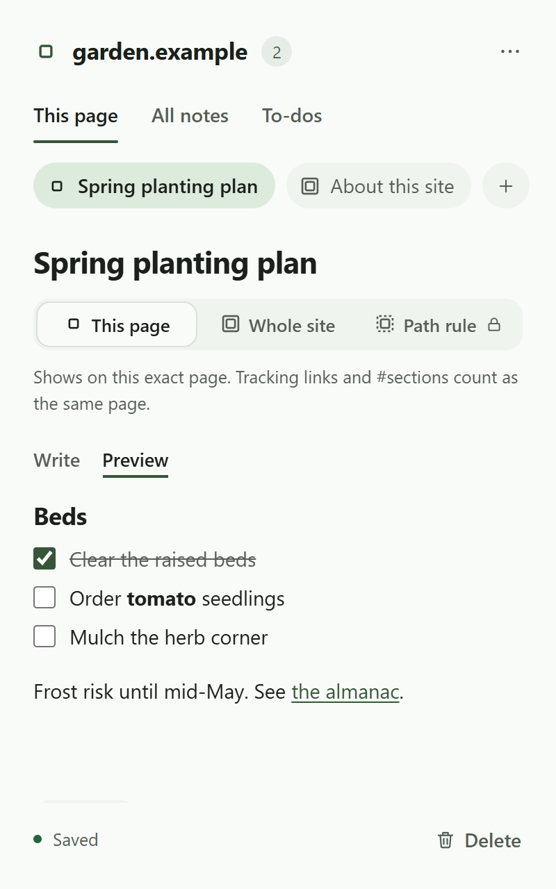 The preview of a note with a checklist, headings and a link