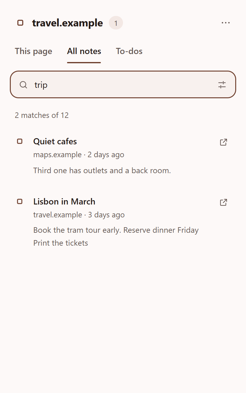 All notes with a search for the word trip showing two matches