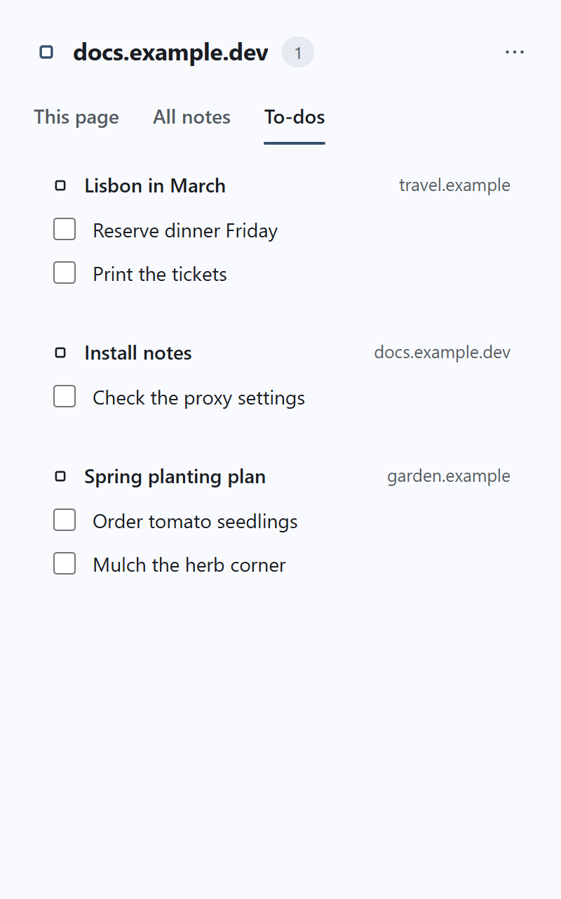 The to-dos view listing every open checkbox from every note