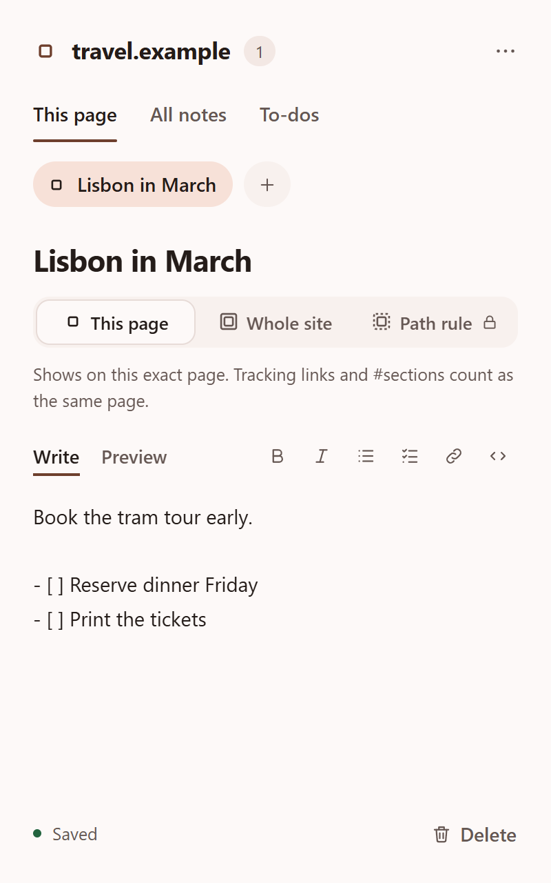 Annotiv open on travel.example, showing a note titled Lisbon in March